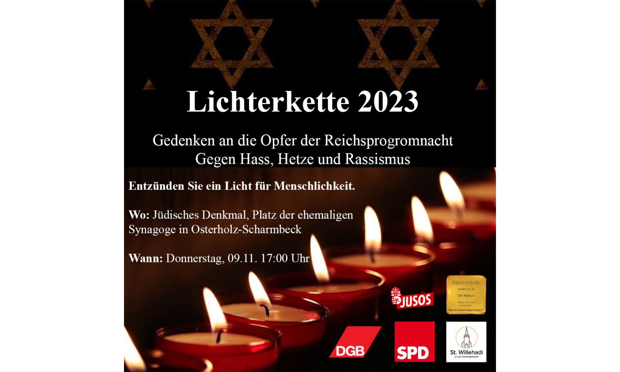 Lichterkette 2023 - Gedenken an die Opfer der Reichsprogromnacht Gegen Hass, Hetze und Rassismus